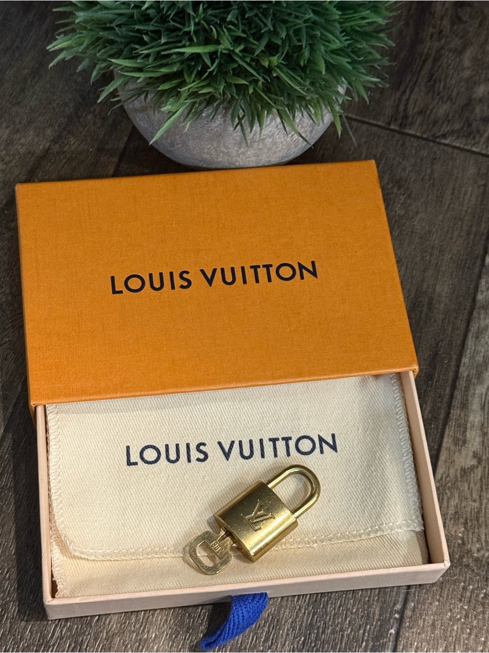 Louis Vuitton Gold Padlock Charm with Cream Pouch and Orange Box #308